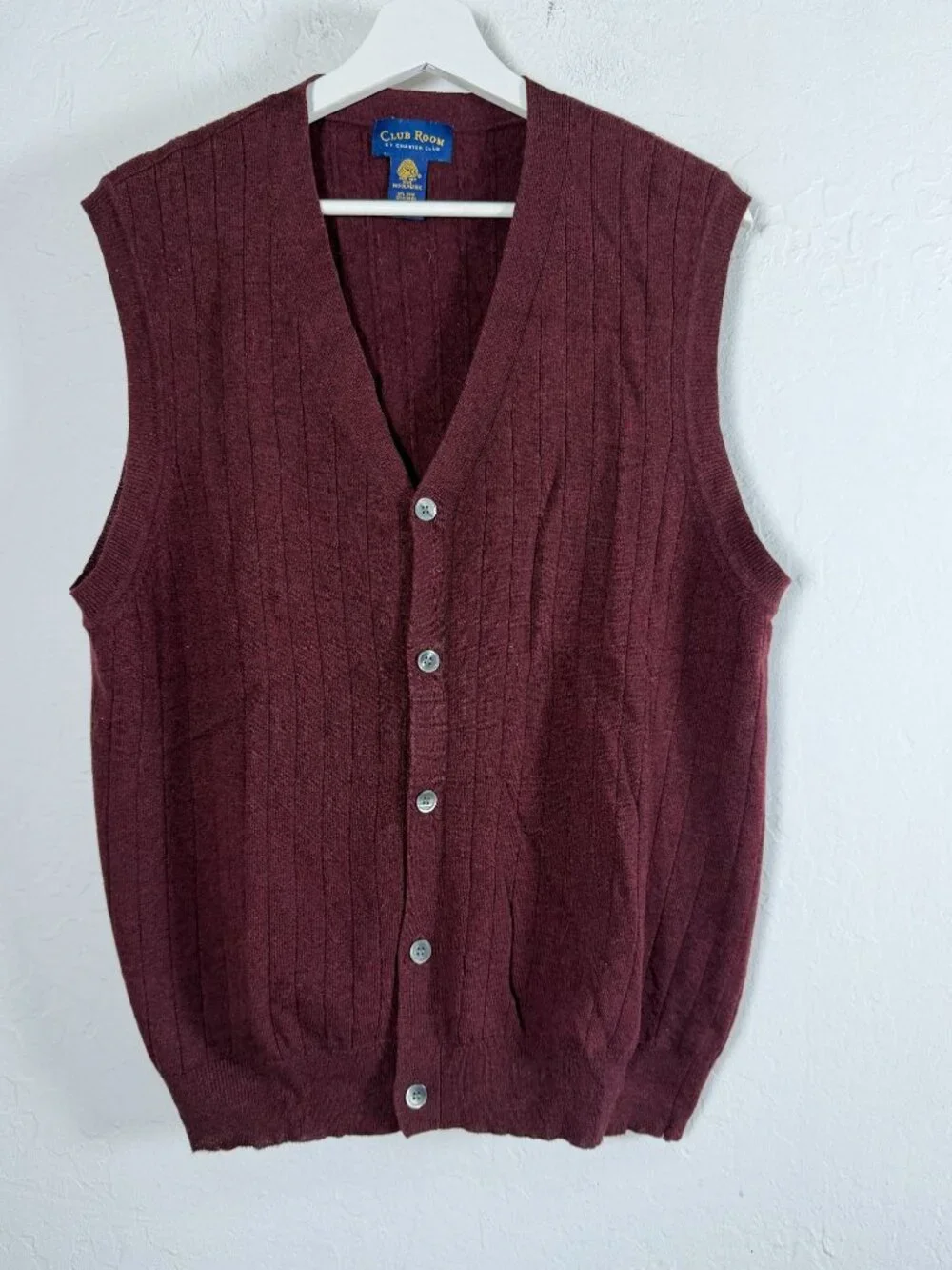 Club Room by Charter Club Mens Sweater Vest Burgundy Ribbed Wool Large Button Up